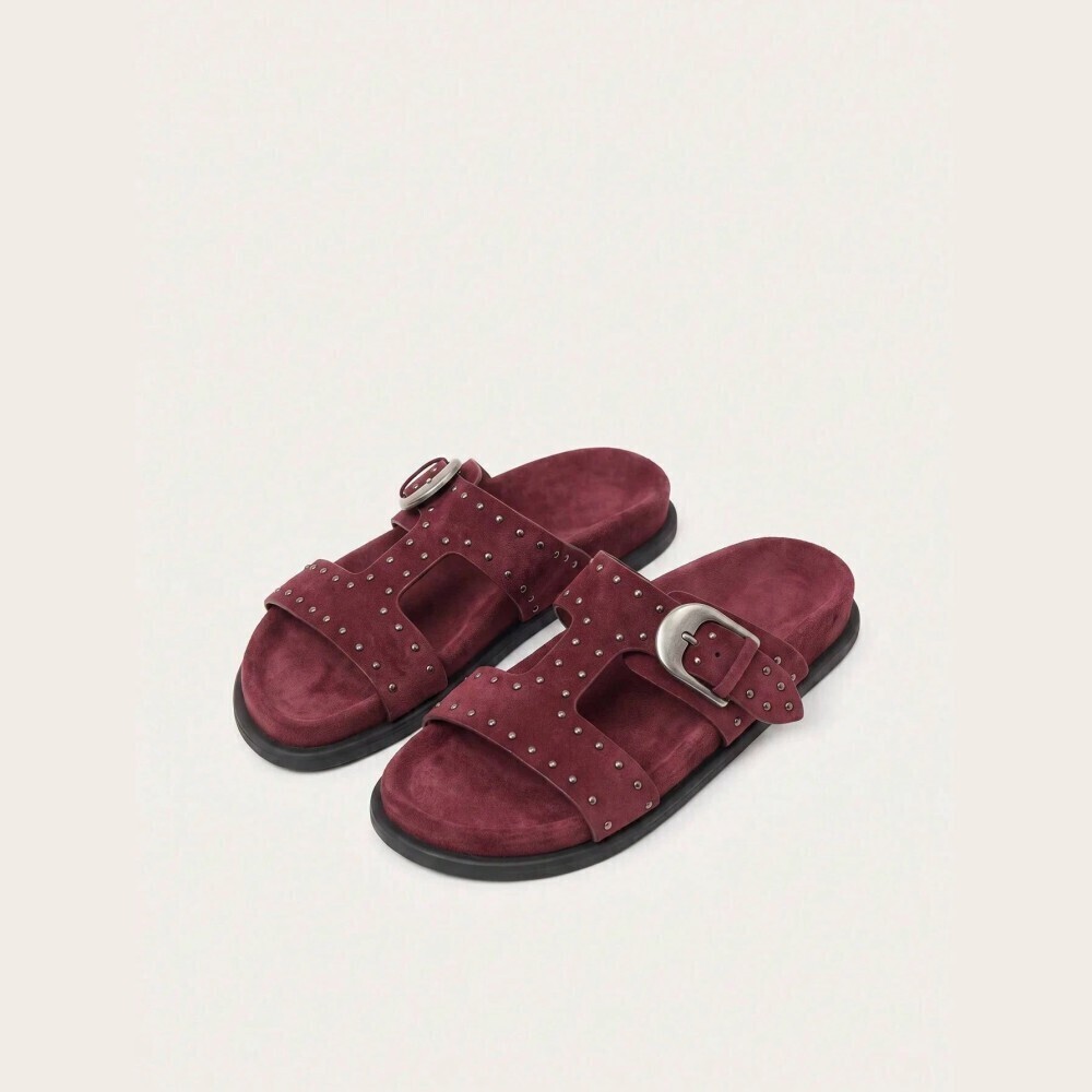 Burgundy Faux Suede Studded Silver Buckle H-Cutout Flat Slide Sandals